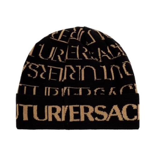 Zwarte wollen muts met goud logo Versace Jeans Couture , Black , Unise...