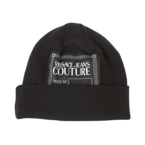 Zwarte wollen blend beanie met wit logo patch Versace Jeans Couture , ...