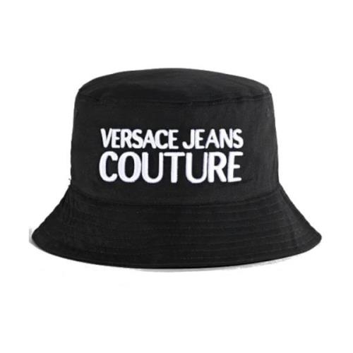 Zwarte katoenen vissershoed met wit geborduurd logo Versace Jeans Cout...