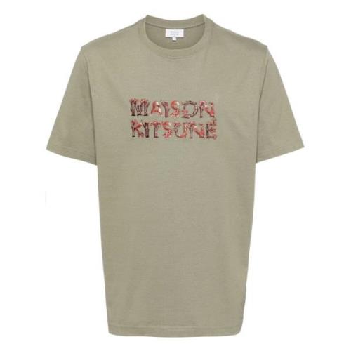 Geborduurd Logo T-shirt in Graan Groen Maison Kitsuné , Green , Heren