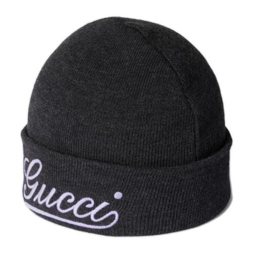 Grijze Beanie Muts met Logodetail Gucci , Gray , Dames