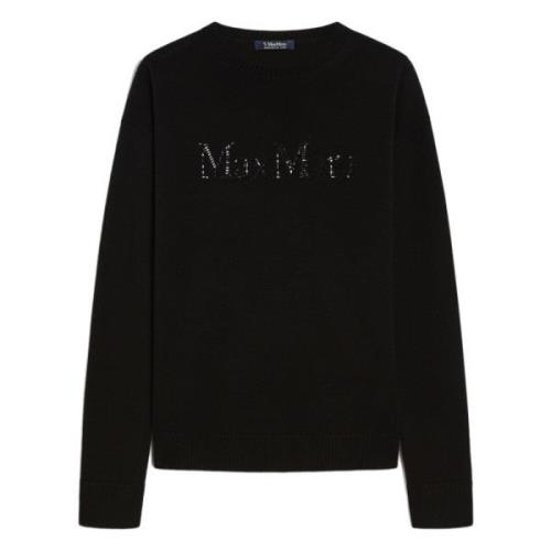 Zwarte Crew Neck Sweater met Strass Logo Max Mara , Black , Dames