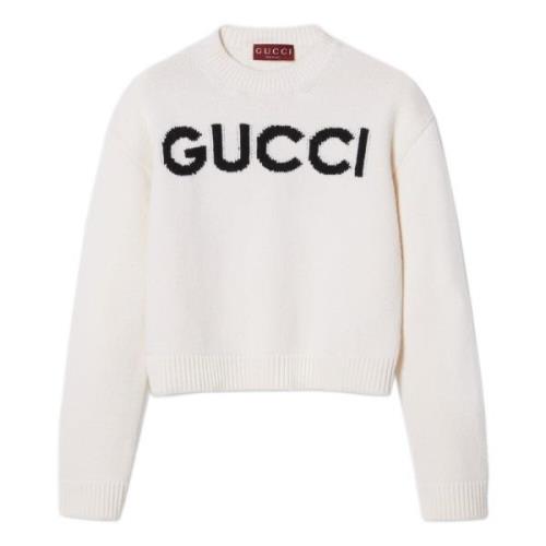 Witte Sweater met Front Logo Intarsia Gucci , White , Dames