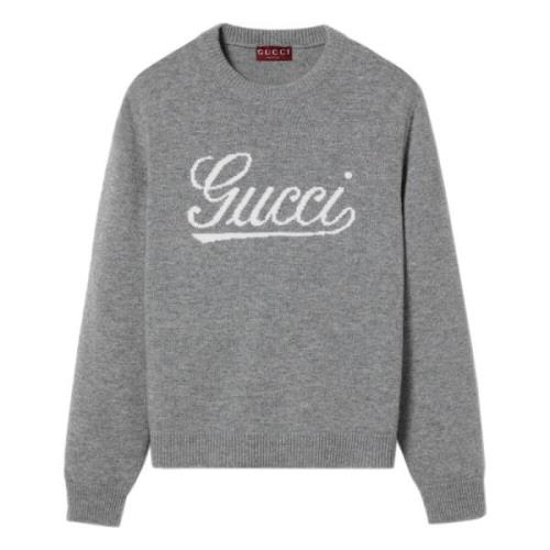 Grijze Crewneck Wol Trui Intarsia Logo Gucci , Gray , Heren