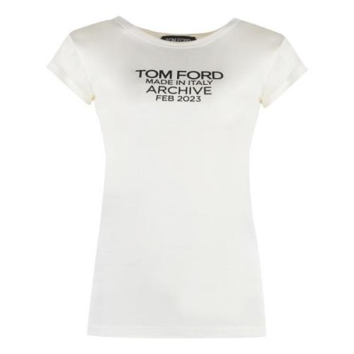 Zijden T-shirt met Contrasterende Print Tom Ford , Beige , Dames