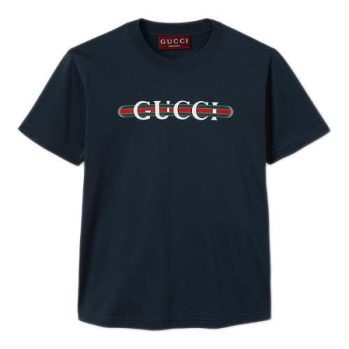 Blauwe Webprint Ronde Hals T-shirts Gucci , Blue , Dames