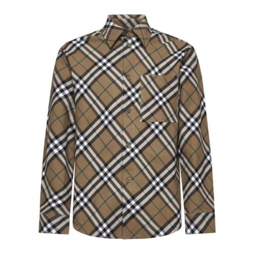 Geruit Motief Wol Katoen Shirt Burberry , Brown , Heren