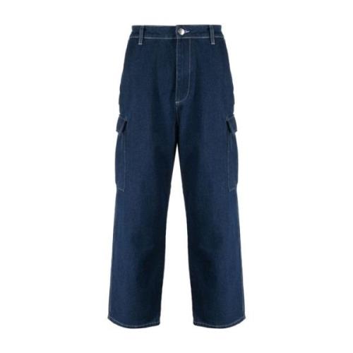 Blauwe Cargo Jeans Logo Geborduurd Pop Trading Company , Blue , Heren