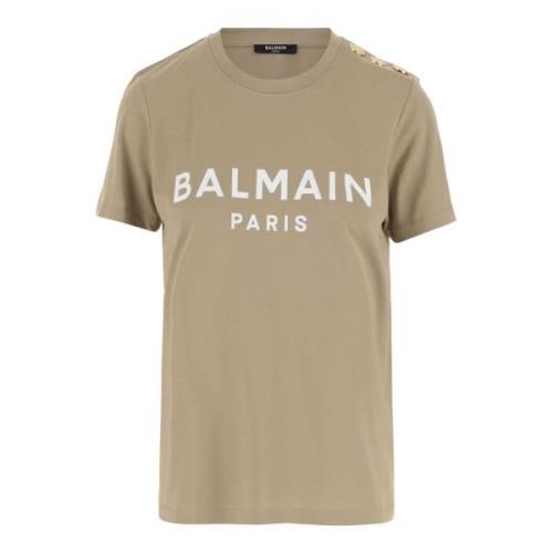 Beige Katoenen T-shirt met Iconisch Detail Balmain , Beige , Dames