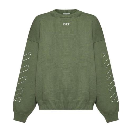 Groene Katoenmix Trui met Ronde Hals Off White , Green , Heren