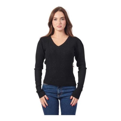 Zwarte V-hals trui met geborduurde voorkant Fracomina , Black , Dames