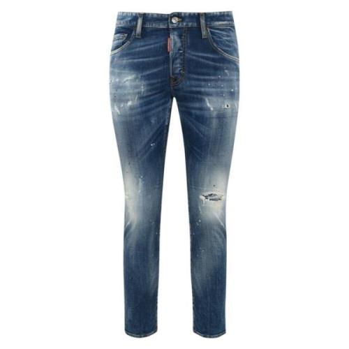 Skinny Denim Jeans met Distressed Details Dsquared2 , Blue , Heren