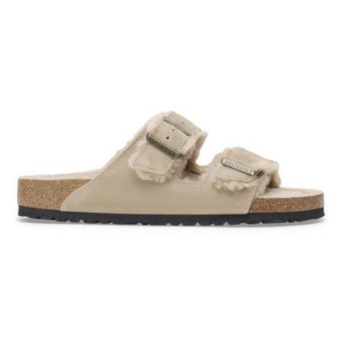 Shearling Taupe Leren Arizona Sliders Birkenstock , Beige , Heren