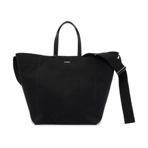 Canvas Utility Tote Bag met leren details Jil Sander , Black , Dames