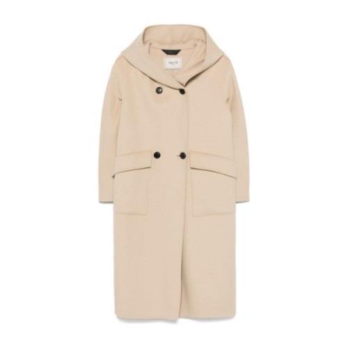 Dubbel-Breasted Hooded Beige Wollen Jas Paltò , Beige , Dames