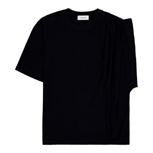 Zwart klassiek t-shirt met drapering op de schouder Laneus , Black , D...