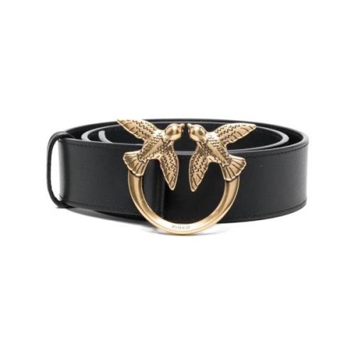 Zwart Leren Riem met Gouden Logo Pinko , Black , Dames