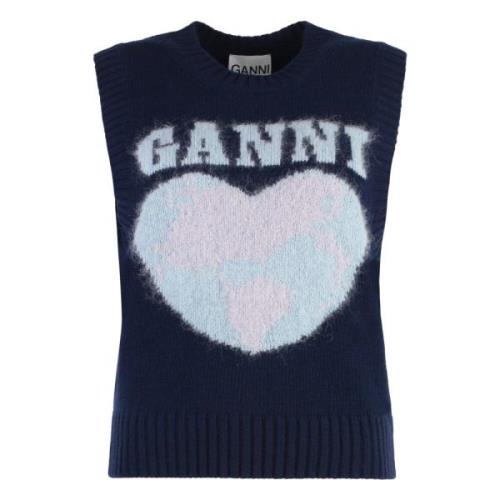 Intarsia wollen vest met geribbelde randen Ganni , Blue , Dames