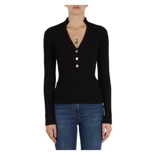 Geribbelde V-hals trui in viscosemix Elisabetta Franchi , Black , Dame...