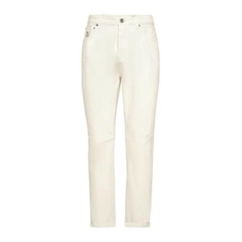 Beige Denim Broek met Ripped Details Brunello Cucinelli , Beige , Here...