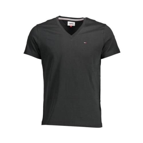 Zwart Katoenen V-hals T-shirt Geborduurd Logo Tommy Hilfiger , Black ,...