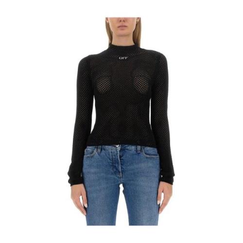 Mesh Stijl Lange Mouw Top Off White , Black , Dames