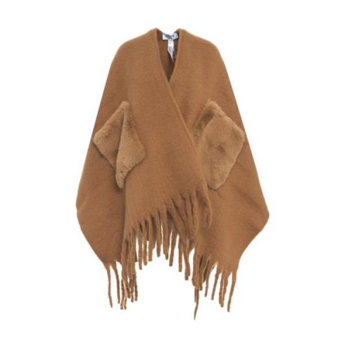 Gefranjde Poncho met Broche Blugirl , Brown , Dames