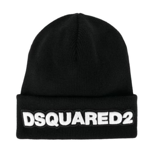 Zwarte Geribbelde Gebreide Beanie Hoed Dsquared2 , Black , Heren