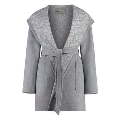 Gebelte Wollen Jas met Logovoering Tory Burch , Gray , Dames