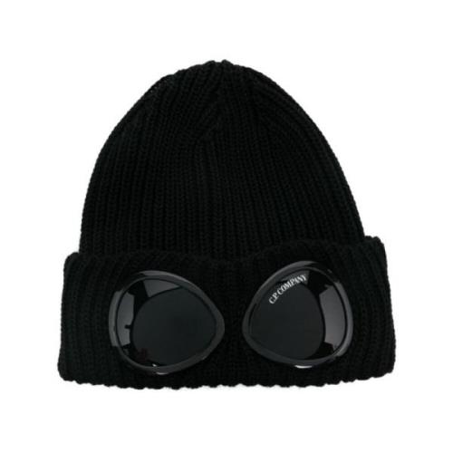 Zwarte Wol Ribgebreide Beanie Hoed C.p. Company , Black , Heren