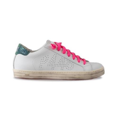 Witte sneakers met mint hiel en fuchsia veters P448 , White , Dames