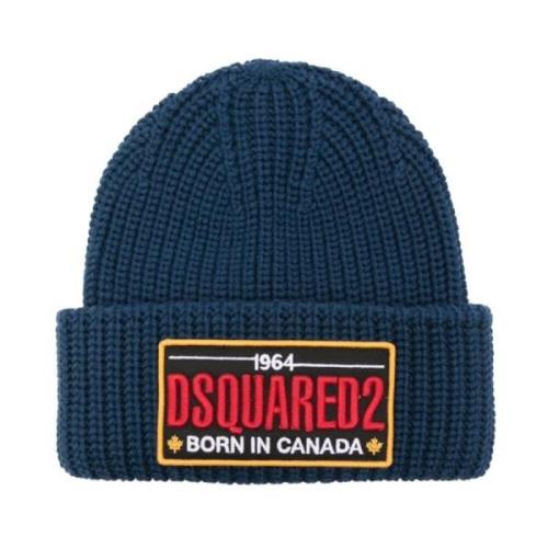 Chunky Ribgebreide Blauwe Logohoed Dsquared2 , Blue , Heren