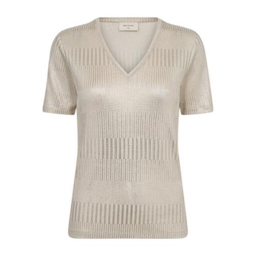 Sprankelende V-hals Ribshirt Freequent , Beige , Dames