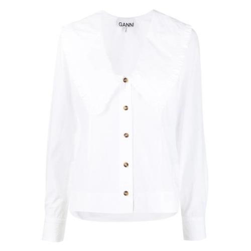 Blouse met gerimpelde kraag en knoopdetails Ganni , White , Dames