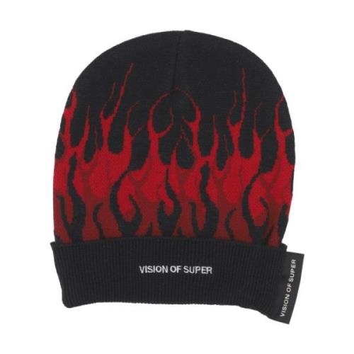 Flames Beanie Zwart/Rood Elastische Muts Vision OF Super , Black , Uni...