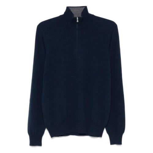 Luxe Cashmere Half-Zip Gebreide Trui Barba , Blue , Heren