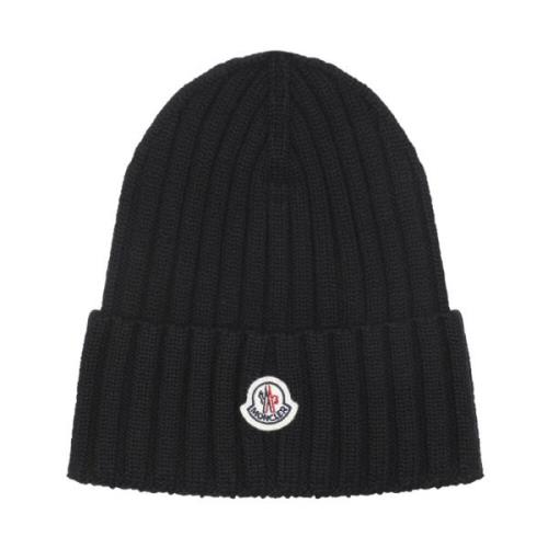 Zwarte Geribbelde Gebreide Wollen Hoed Moncler , Black , Dames