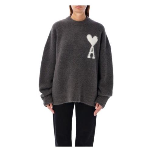 Alpaca Gebreide Crewneck Trui Grijs Ami Paris , Gray , Dames