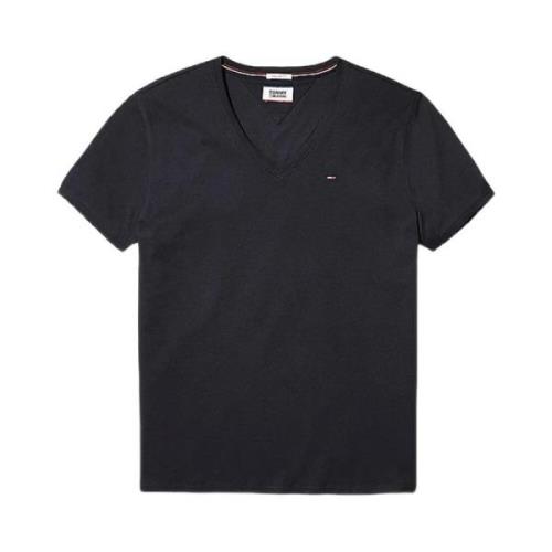 Zwarte V-hals T-shirt Lente/Zomer Effen Tommy Hilfiger , Black , Heren