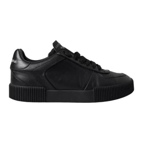 Zwarte Leren Lage Sneakers Dolce & Gabbana , Black , Heren