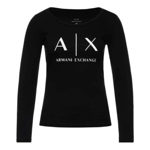 Zwart Langemouw Ronde Hals T-Shirt Armani Exchange , Black , Dames