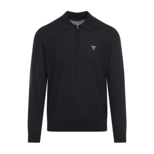 Blauwe Wollen Poloshirt Klassieke Stijl Prada , Blue , Heren