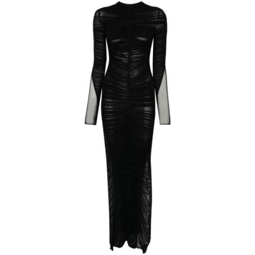 Zwarte Gedrapeerde Jurk met Ronde Hals Mugler , Black , Dames