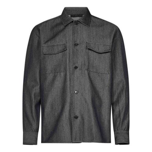 Grijze Wol Denim Overshirt met Klepzakken Low Brand , Gray , Heren