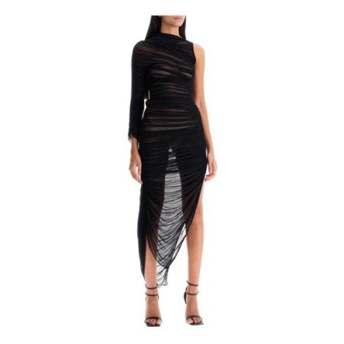 Een-schouder mesh jurk met split Mugler , Black , Dames