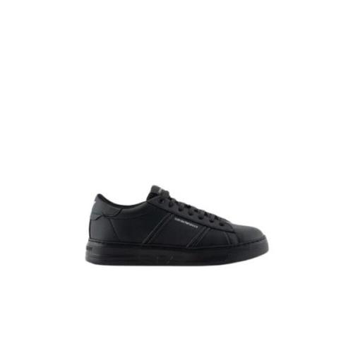 Zwarte Logoed Kalfsleren Sneakers Emporio Armani , Black , Heren