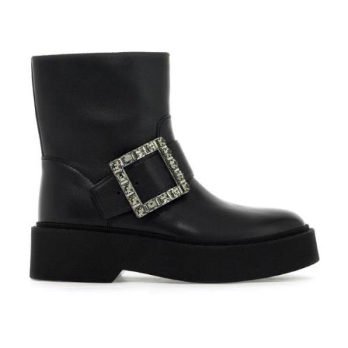 Kristallen Gesp Leren Bikerlaarzen Roger Vivier , Black , Dames