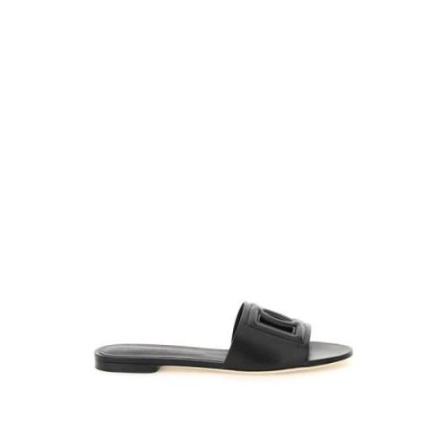 Gestikte leren slides met uitgesneden logo Dolce & Gabbana , Black , D...