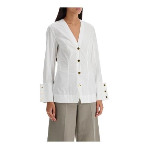 Gouden Knoop V-Hals Poplin Shirt Ganni , White , Dames