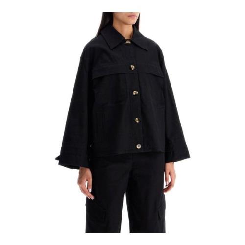 Gestructureerde Canvas Jas met Oversized Pasvorm Ganni , Black , Dames